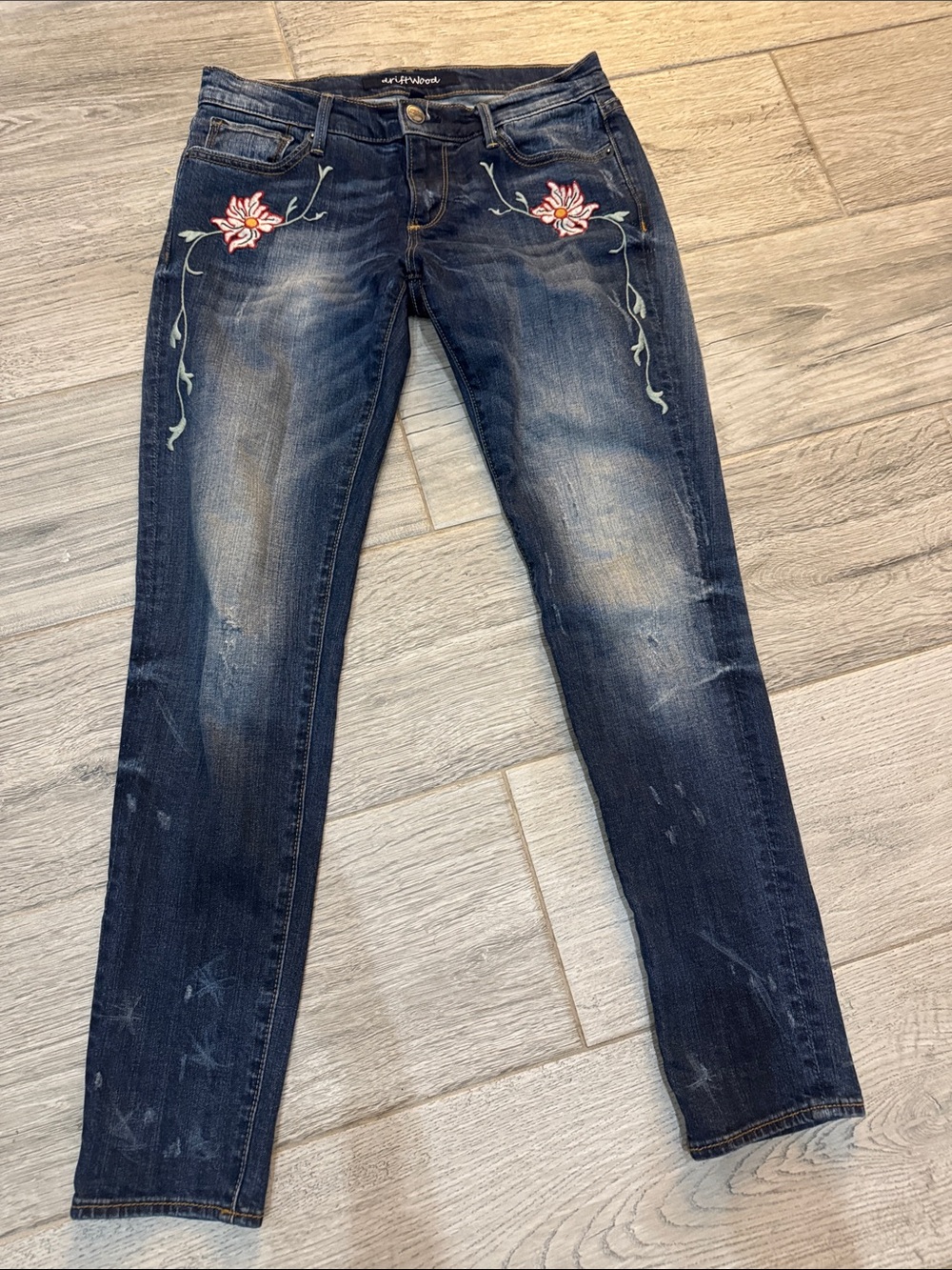 DRIFTWOOD Dark Blue Skinny Jeans with Floral Embroidery